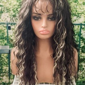 Long Beach Wave Curls Dark Brown and  Blonde with Wispy Bangs Blend Wig